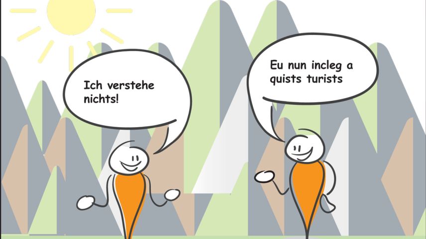 Recloma per la destinaziun dess gnir incletta dal giast. Ma Niculin Meyer appellescha da nu müdar subit la lingua cur ch’ün giast prouva da discuorrer rumantsch, quai saja part da la regiun (comic: Posta Ladina/Fotolia.com/strichfiguren.de).