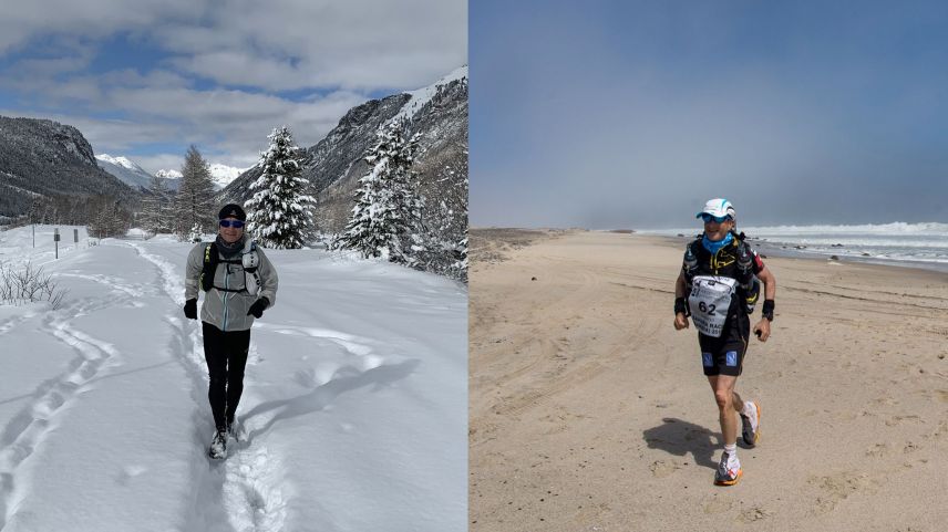 Foto: Roberto Rivola im Training zum Morteratschgletscher (links) und in der Wüste Namibia. Fotograf: z. Vfg