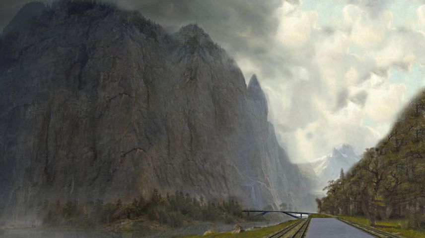 Am Umsteigebahnhof in der mystischen Naturlandschaft rund um Pra Dadora ausserhalb von Martina sollen in Zukunft gemäss der Vision von ETH-Studenten drei verschiedene Bahnen aus Richtung Scuol, Mals und Landeck zusammentreffen (Foto: ETH Entwurfsstudio Me