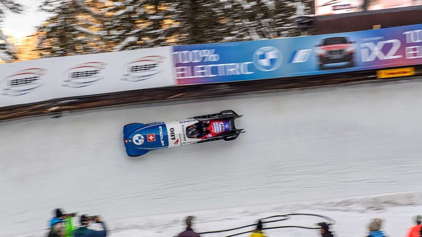 Die Drittplatzierten Schweizer Bobfahrer Vogt/Michel. Foto: fotoswiss.com/Giancarlo Cattaneo