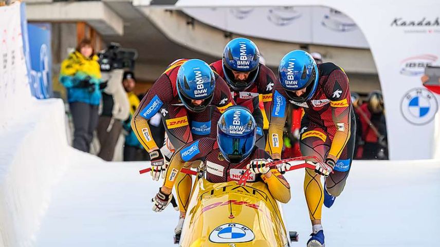 Team Lochner (GER) legten schon beim Start den Grundstein für den Sieg im 4er-Bob. Foto: fotoswiss.com/Giancarlo Cattaneo