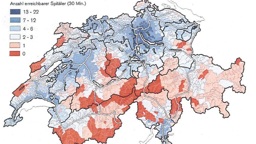 Wie viele Spitäler können innerhalb von 30 Minuten erreicht werden? Die kantonalen Unterschiede sind gross. Foto: Präsentation DJSG