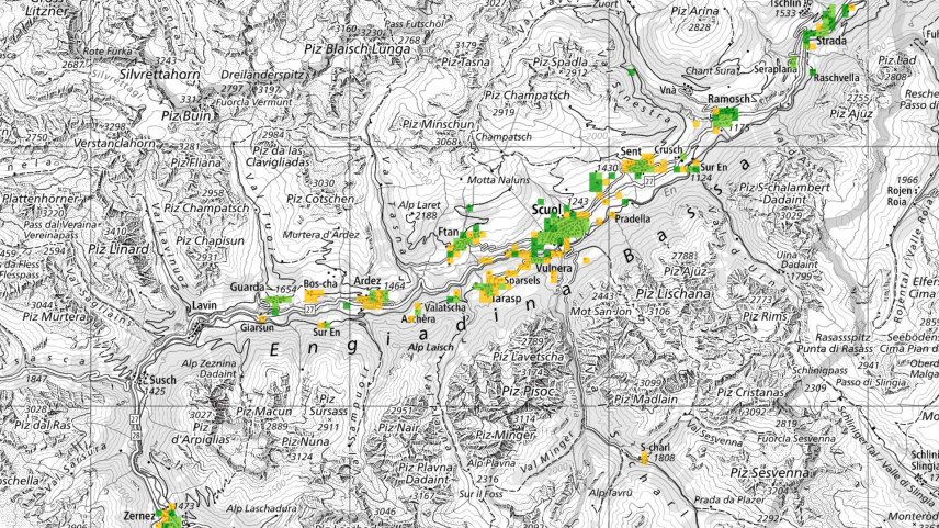 Il «atlas da bindel larg» dal BAKOM muossa quants pertschients dals edifizis sün ün quader chi han access a la rait da fibras opticas (carta: Swisstopo).