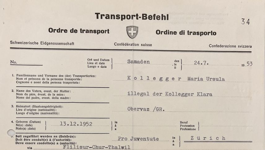 Ein Transportbefehl für die damals siebenmonatige Maria Ursula Kollegger ziert den Buchumschlag. Ausgestellt wurde der "Transport-Befehl" 1953 vom "Landjägerposten Samadan". Foto: Uschi Waser