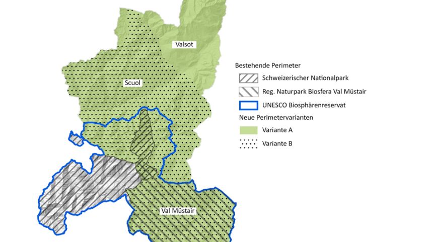 Il proget per schlargiar il Parc da natüra sül perimeter da Scuol e Valsot es gnü sisti (Grafica: Regiun EBVM)