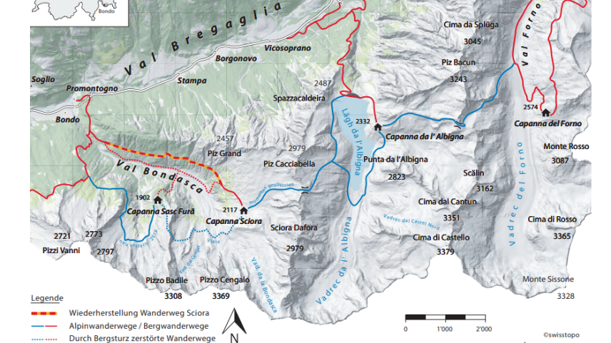 Eine Übersicht der gesperrten und geplanten Routen in der Val Bondasca.
Grafik: swisstopo/z. Vfg.