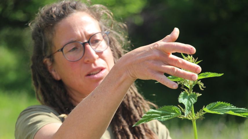 Fabienne Berchtold erklärt Umgang und Verwendung von Brennesseln. Foto: Stefanie Wick Widmer