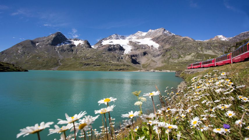Der Berninaexpress unterwegs am Lago Bianco. Foto: Rhätische Bahn