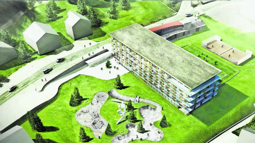 Eine Visualisierung des geplanten Hotels Flaz im Sommer. Visualisierung: z. Vfg