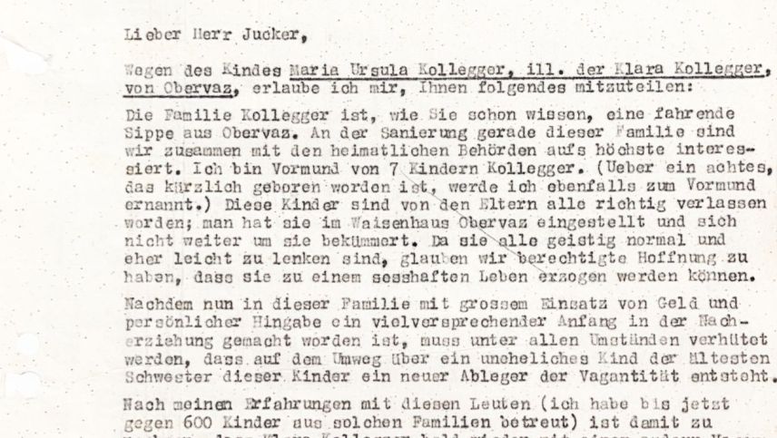 Auszug aus einem Brief von Alfred Siegfried des Pro Juventute-Hilfswerks "Kinder der Landstrasse" über Maria Ursula Kollegger vom 12. März 1953.