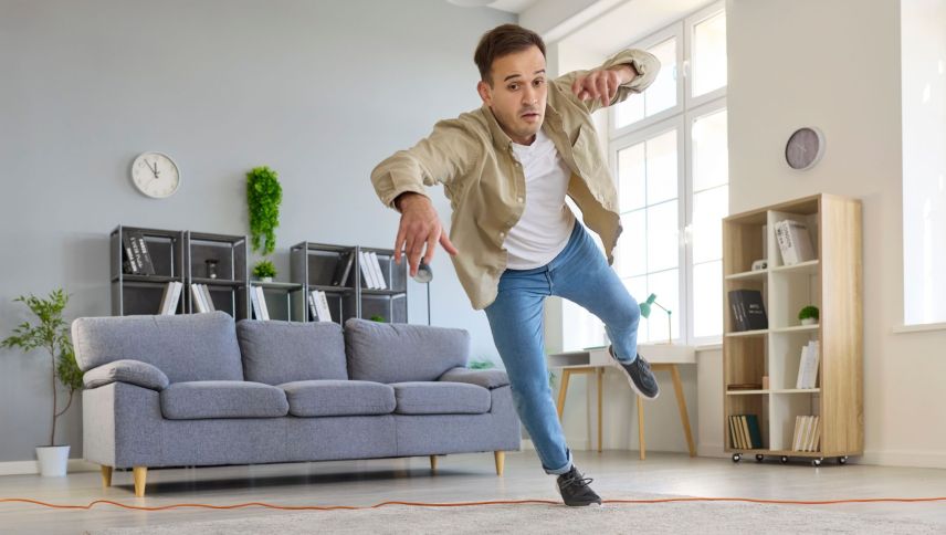 Stolperfallen wie herumliegende Kabel zählen zu den häufigsten Ursachen für Stürze in den eigenen vier Wänden. Foto: shutterstock.com/Studio Romantic