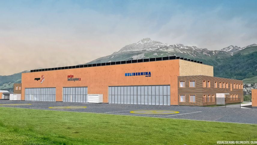 Blick von der Piste auf die neue Helikopterbasis, welche die drei bereits heute ansässigen Helikopterbetriebe beherbergen wird. Visualisierung: Cilgia Salzgeber