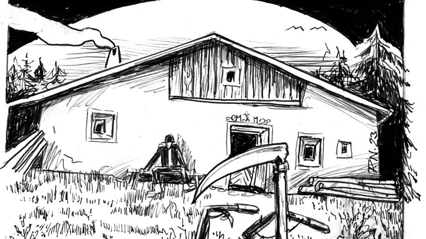 Illustraziun da Menduri tschanto davaunt sia acla Standet chi tira ferm adimmaint a l’acla d’Alois Carigiet, inua cha Uorsin vo a piglier sia plumpuna (illustraziun: Paulin Nuotclà).