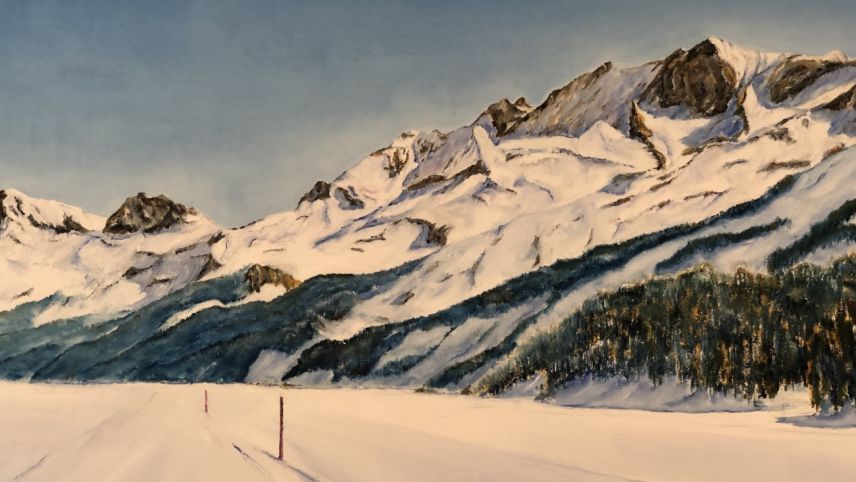 Eine Engadiner Winterlandschaft von Gerold Schoch. Nur ansatzweise sind Spuren der Zivilisation in diesem Werk zu erkennen. Foto: Marie-Claire Jur