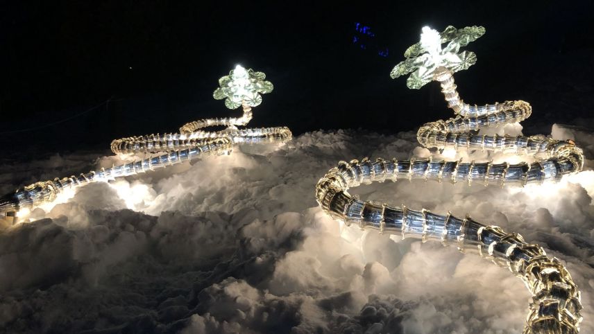 Künstler Christian Pellizzari mit seinen schlangenförmigen Eisglasblumen unterhalb des Waldhauses am See in St. Moritz