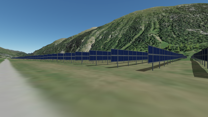 Die geplante PV-Grossanlage der Energia Solara Engiadinaisa AG im Gebiet des Samedner Flugplatzes wie sie sich dereinst Spaziergängern präsentieren wird. Visualisierungen: Engadin Solar