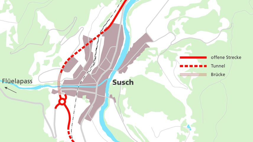 Noch zwei Varianten werden vom Kanton weiterverfolgt, die Westvarianten mit langem und kurzem Tunnel (hier der kurze Tunnel). Illustrationen: Tiefbauamt Graubünden