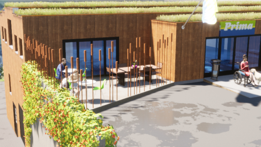 Ün edifizi da lain sülla plazza da scoula – uschè as preschantarà la nouva butia da Ramosch (illustraziun: Bien GmbH).