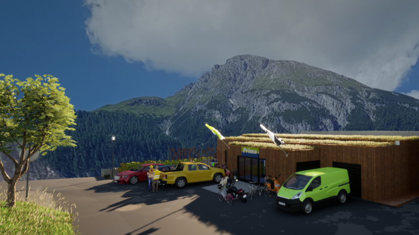 Il proget per la nouva butia a Ramosch sün plazza da scoula. Sper la butia dess eir gnir realisà ün cafè cun terrassa (fotografia: Bien GmbH).