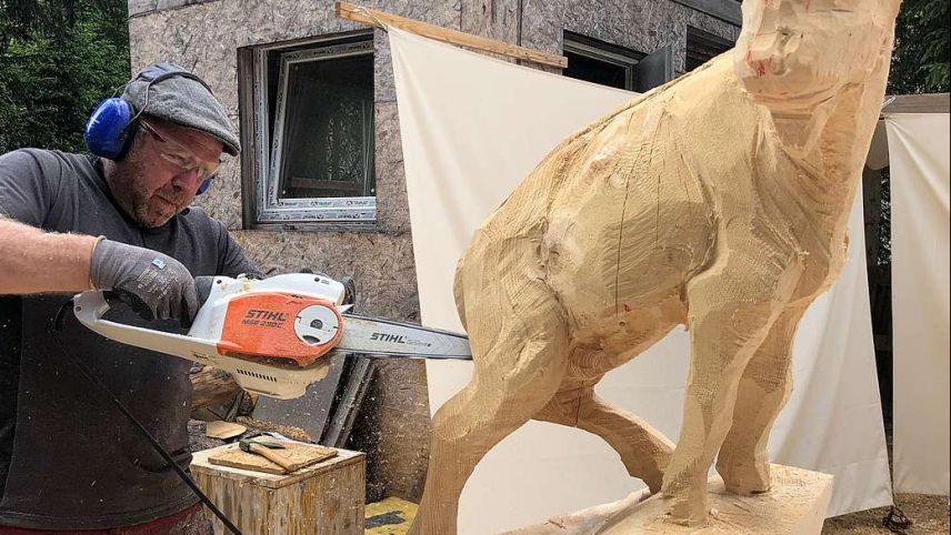 Helmut Tschiderer in Aktion. Sein Schnitzwerkzeug ist die Motorsäge. Foto: z. Vfg
