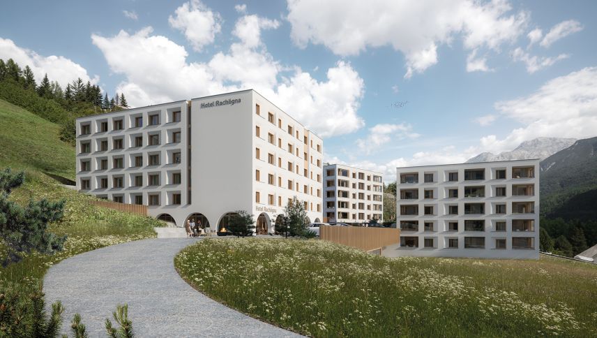 Uschè as preschainta il proget dal «Rachögna-Resort» a Scuol, ün proget cun 200 lets d’hotel e 60 abitaziuns administradas (visualisaziun: Fanzun AG).