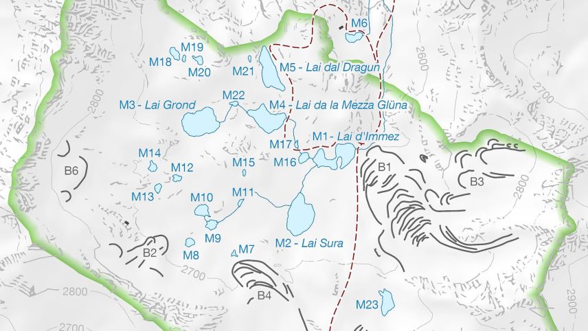 Die Karte zeigt die Vielfalt der Seen und Weiher von Macun. Foto: GIS SNP