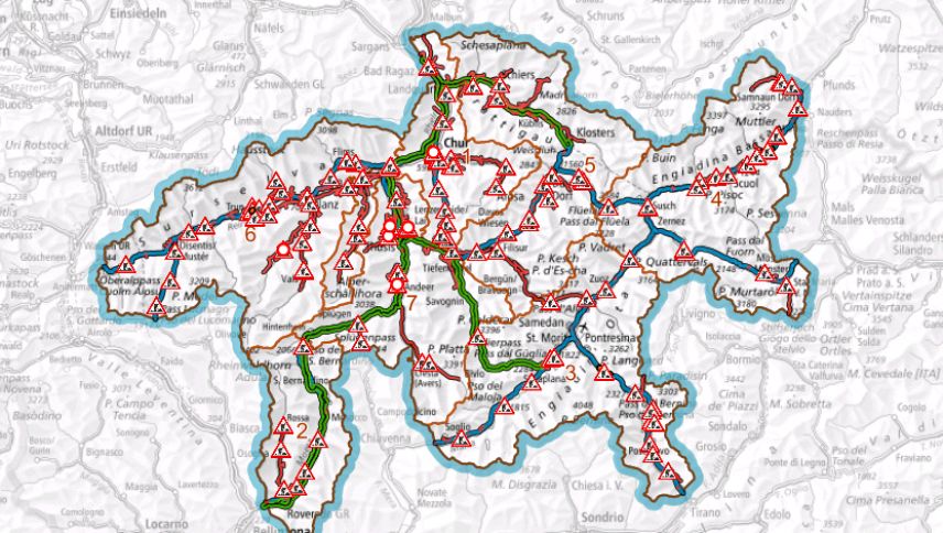 Auf der Internetseite strassen.gr.ch sind auch die Baustellen ersichtlich. Grafik: Tiefbauamt Graubünden  
