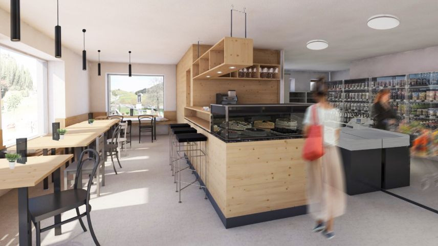 Üna visualisaziun dal Café I Butia a Tarasp (Illustraziun: Strimer Architects).