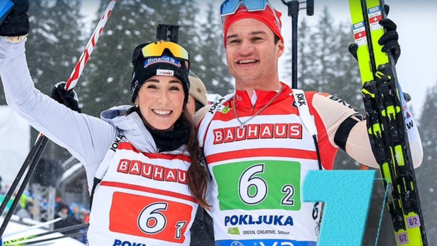 Strahlendes Sieger-Duo: Aita Gasparin und Niklas Hartweg. Foto:Freshfocus/Nordic Focus