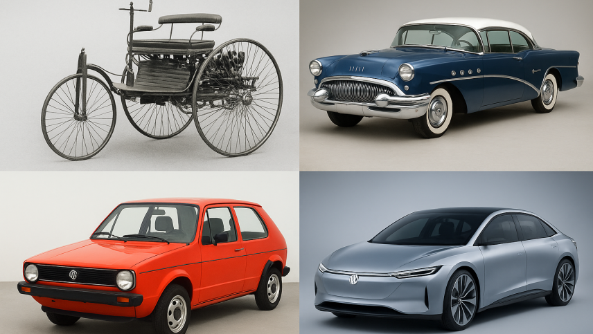 Die Formen der Autos orientierten sich stark an den Epochen und Lebensstilen der jeweiligen Zeit. Foto: Chat/Gpt