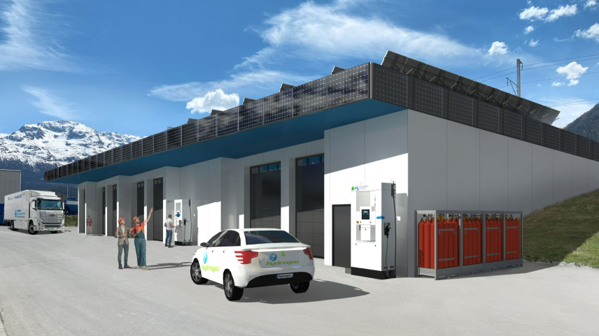 Am Standort des ehemaligen Diesel-Tanklagers im Samedner Gewerbequartier Cho d’Punt soll Wasserstoff produziert werden und die erste Wasserstoff-Tankstelle Graubündens entstehen.  Visualisierung: Idrogen Engiadinais SA