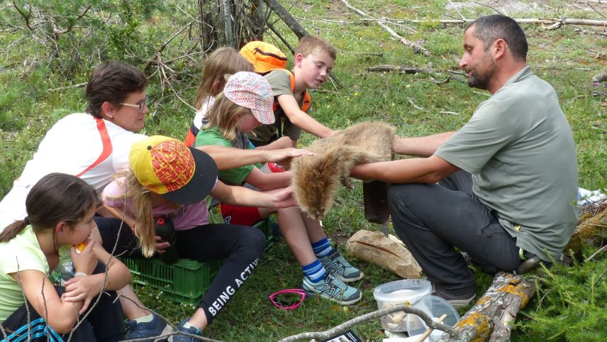 Curdin Florineth chi’d es guardgiasulvaschina ha preschantà als uffants il castor e laschà provar quant glisch cha seis fol es (fotografia: Flurin Andry).