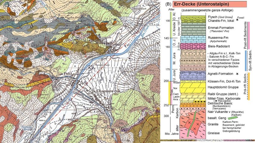 Ausschnitt aus dem geologischen Atlas der Schweiz 1:25'000 bei La Punt-Chamues-ch
