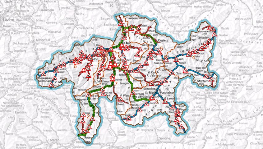 Die Übersichtskarte über die diesjährigen Baustellen auf dem Bündner Strassennetz. Foto: Tiefbauamt Graubünden