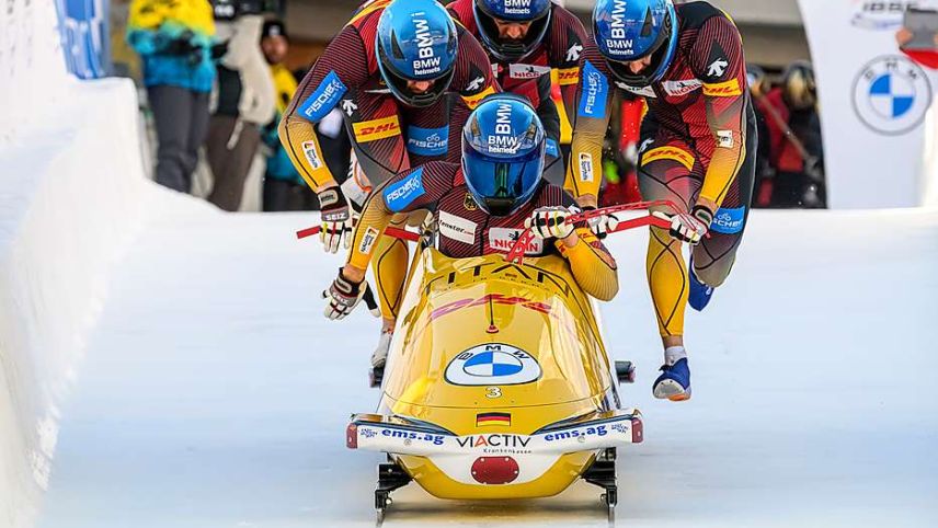 Team Lochner (GER) legten schon beim Start den Grundstein für den Sieg im 4er-Bob. Foto: fotoswiss.com/Giancarlo Cattaneo