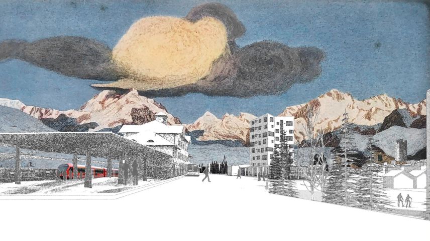 Das Siegerprojekt Spaniola des Churer Architekturbüros Giubbini Architekten mit dem geplanten Neubau der Jugendherberge in Turmform (rechts). Visualisierung: Giubbini Architekten ETH SIA  