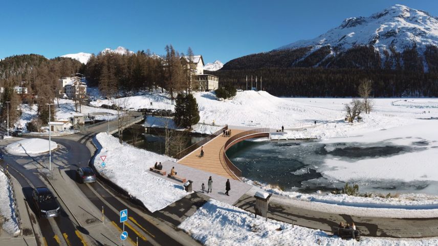 Die neue Brücke mit ihrer sanften Rundung, die den Fussgängerverkehr lenken soll. Visualisierung: Pini Gruppe AG