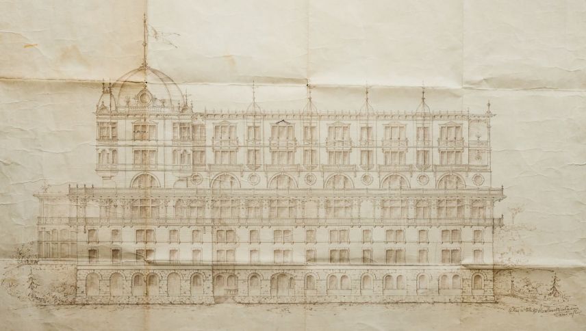 Ün plan sblachi da l’Hotel Waldhaus a Vulpera ars giò l’on 1989, segnà da l’architect Nicolaus Hartmann. fotografia: Michael Steiner