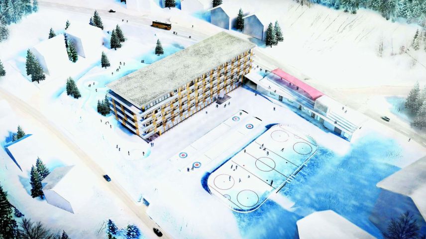 So soll das auf dem Rosegplatz geplante Familienhotel «Flaz» Pontresina  mit knapp 200 Betten dereinst aussehen. Visualisierung: z. Vfg