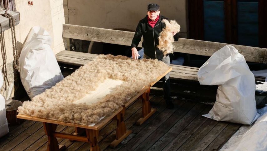 Oskar Heer schichtet das aufgefrischte Rosshaar für die neue Matratze dreilagig auf. Foto: Jon Duschletta