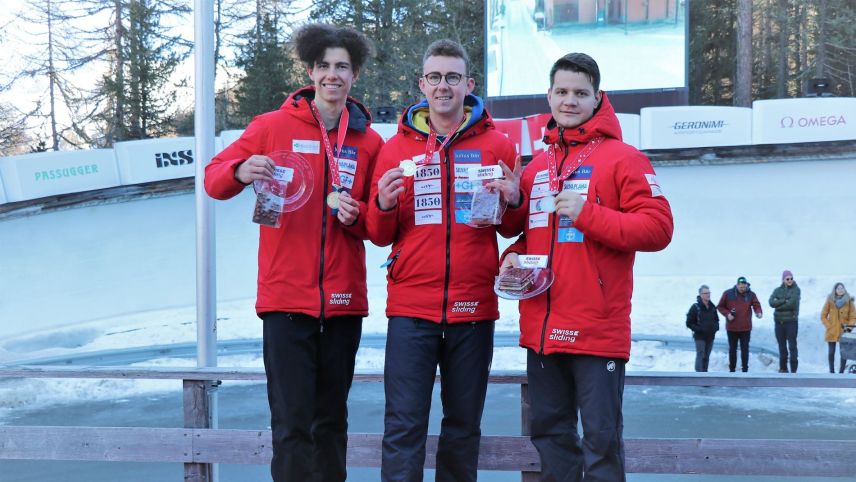Diese drei Athleten der Schweizermeisterschaften waren auf dem Olympia Bob Run St. Moritz Celerina am schnellsten unterwegs (von links): Vinzenz Buff, Jean Jacques Buff und Samuel Keiser.
Foto: pd