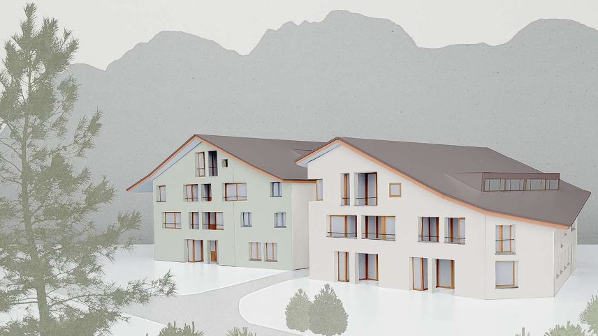 Zwei Wohnhäuser mit je neun Wohnungen sollen sich zu einer stimmigen Einheit vereinen. Visualisierung: Barmettler Architekten, Cham