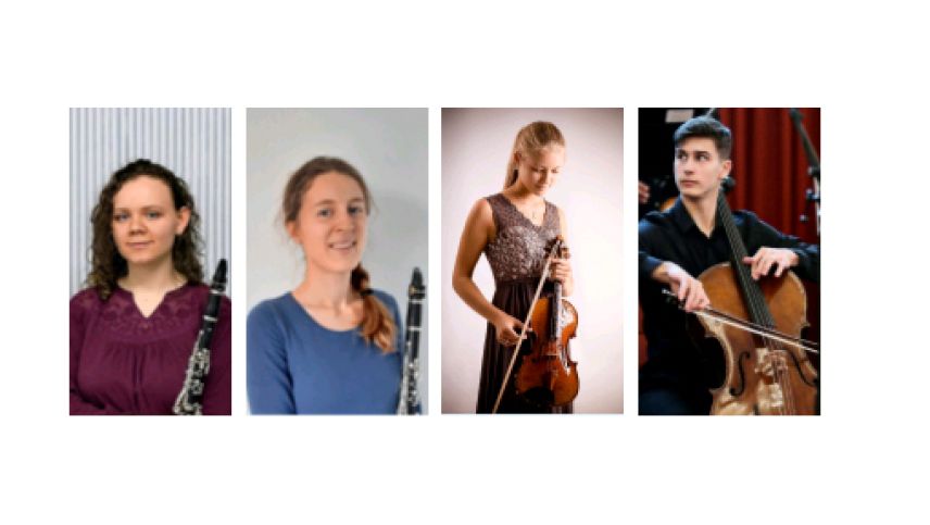 Solistinnen und Solisten des Neuen Zürcher Orchesters, die alternierend im Engadin auftreten, von links: Sonja Hutterli und Julia Roth, Klarinette, Natalie 
Trautmann, Violine und Benedek Balog, Violoncello. Fotos: Neues Zürcher Orchester