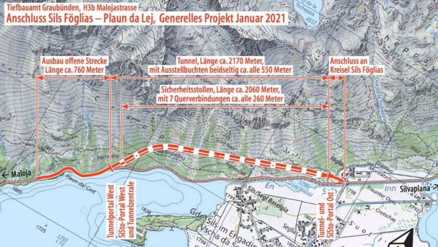 Die Grundstückbesitzer, die vom Bauprojekt als Bodenbesitzer im Gebiet des Kreisels Sigl Föglias direkt betroffen wären, fordern eine frühzeitige Partizipation. 	Grafik: TBA Graubünden / Swisstopo