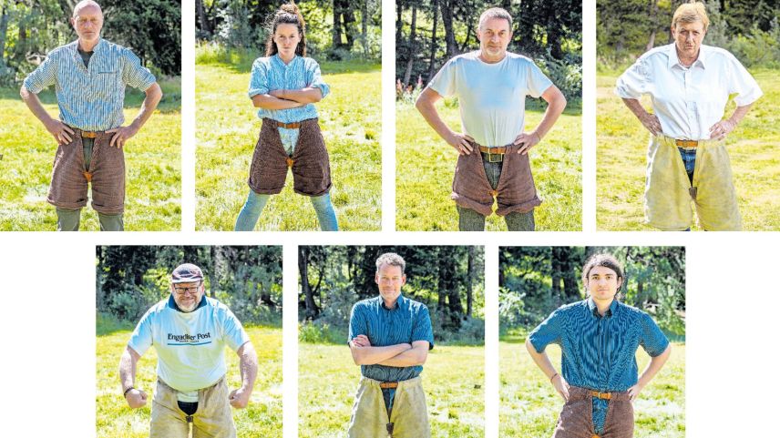 V.l.n.r.: Daniel Zaugg, Denise Kley, Jon Duschletta, Marie-Claire Jur, Nicolo Bass, Reto Stifel und Tiago Almeida warfen sich in Schwingermontur. Fotos: Daniel Zaugg