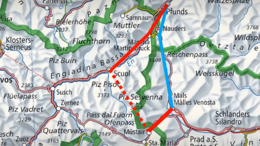 La società da promoziun favorisescha üna colliaziun Scuol-Mals. In blau as vezza ün traget pussibel sur il Pass dal Raisch (fotografia: mad).