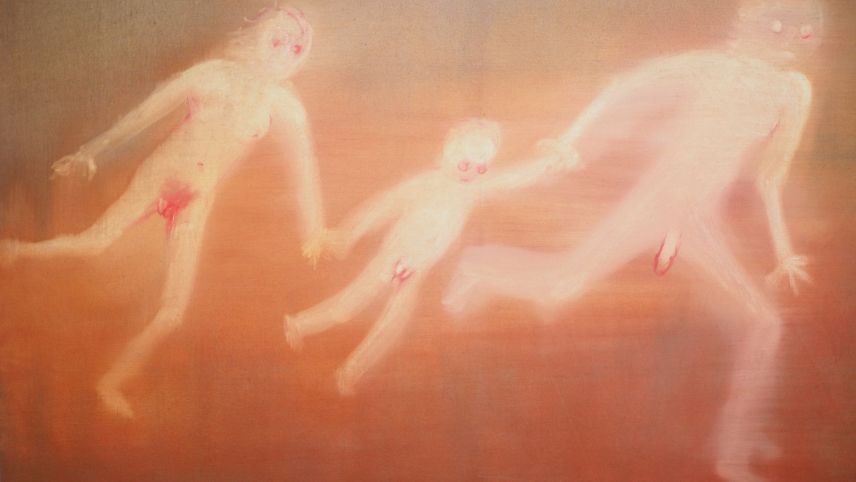 Familie auf der Flucht. Eines der aktuellen Bilder aus Miriam Cahns Ausstellung «FREMD das fremde Stranierità» im Palazzo Castelmur.