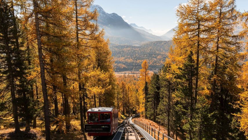 Die Muottas-Muragl-Bahn im ­herbstlichen Lärchenwald mit Blick auf die Oberengadiner Seenplatte. Beinahe schon ein Garant für touristische 
Höhenflüge. Foto: Engadin Tourismus