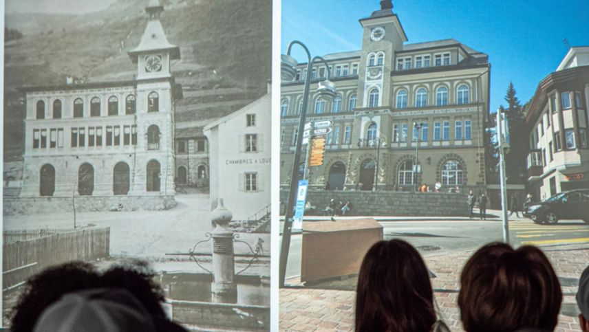 Aufnahmen des alten Schulhauses in St. Moritz-Dorf im Wandel der Zeit. Foto: Jon Duschletta