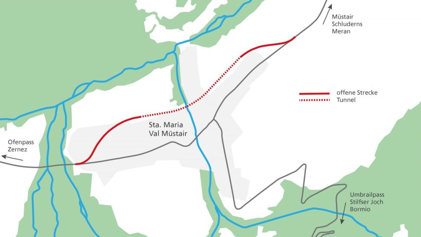 Quist sviamaint cun ün tunnel (cotschen) es previs per dis-chargiar Sta. Maria dal trafic. fotografia: Chantun Grischun